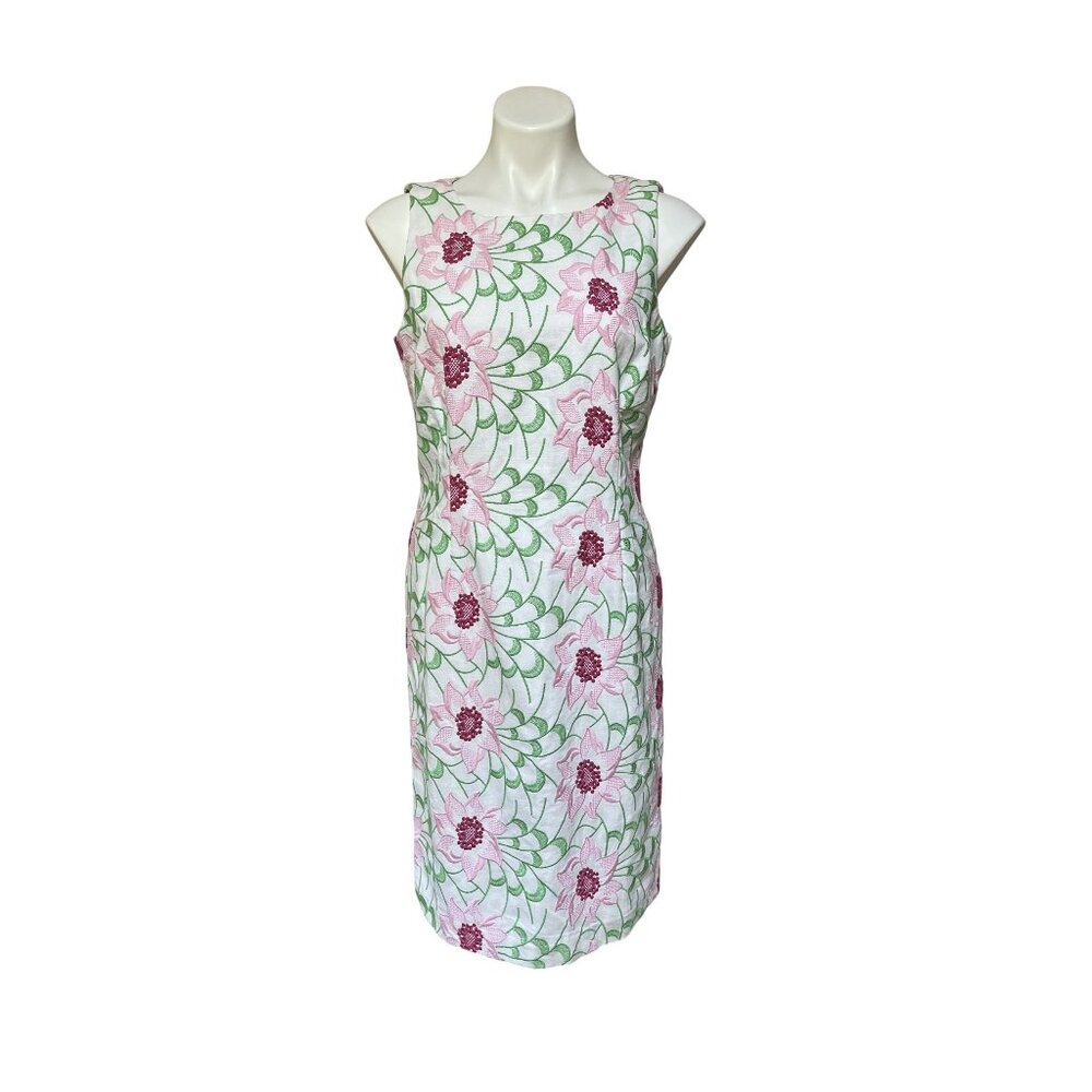Talbots Floral Embroidered Sheath Dress Size 10 White Pink & Green Cotton Linen